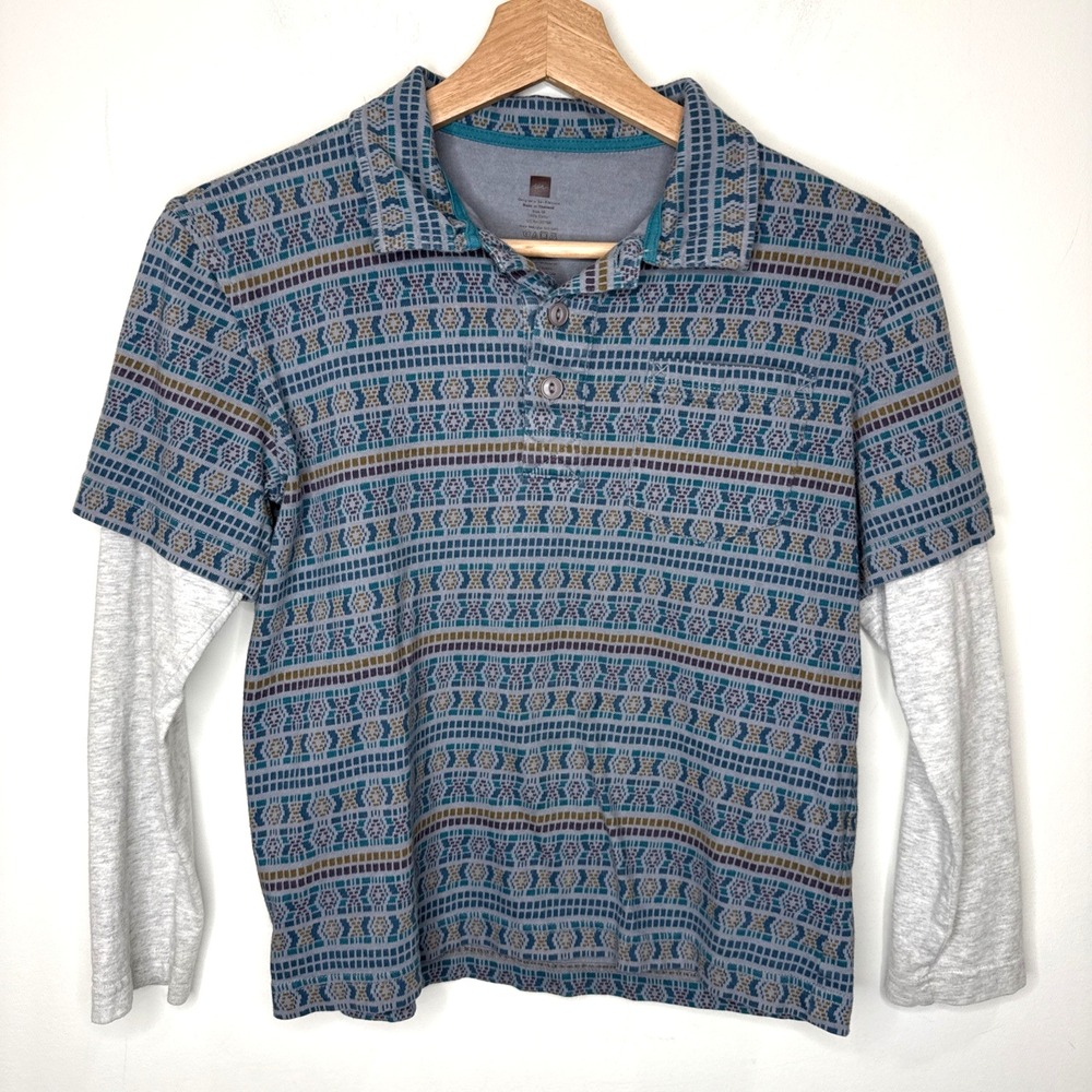 Tea Collection Twofer‎ Long Sleeve Polo Shirt Boys 10 Blue Double Sleeve Collar